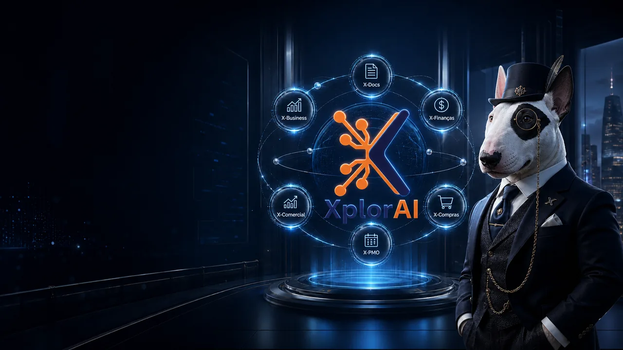 XplorAI: hub holográfico com agentes de IA conectados em torno do logotipo central, e X-Jack — mascote executivo da plataforma — em cenário noturno premium
